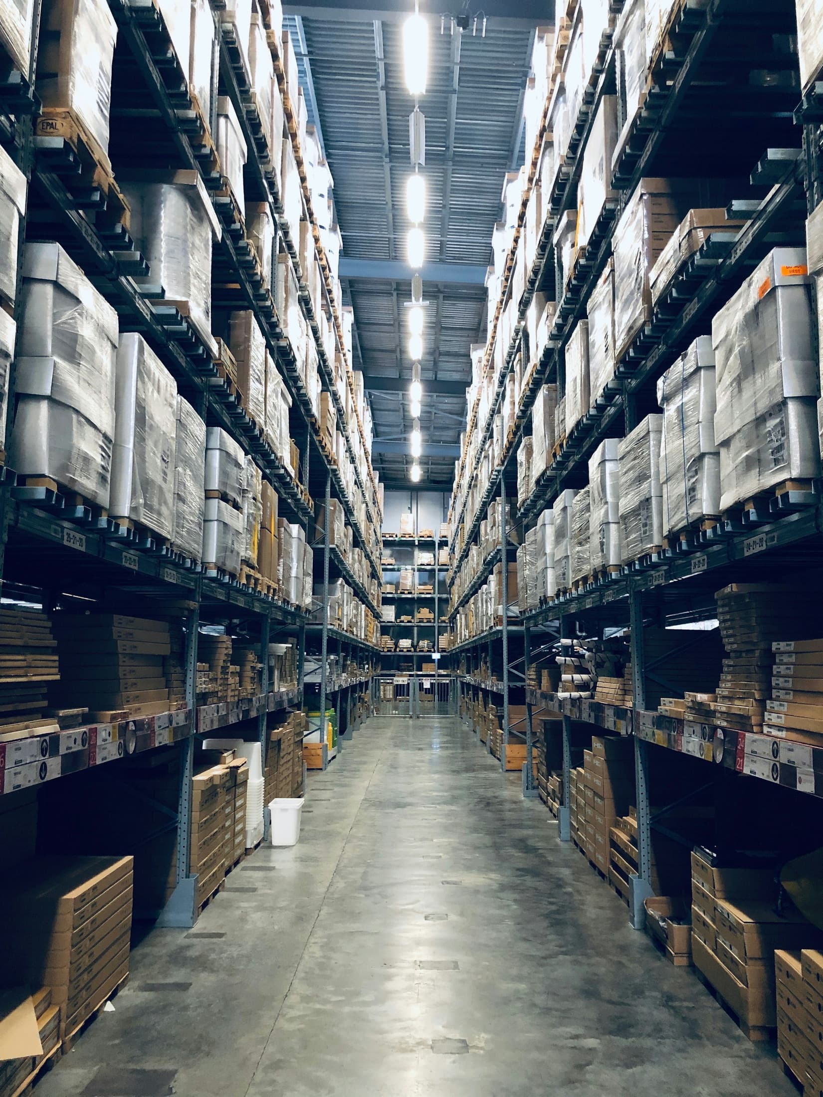 A warehouse aisle stocked for shipment